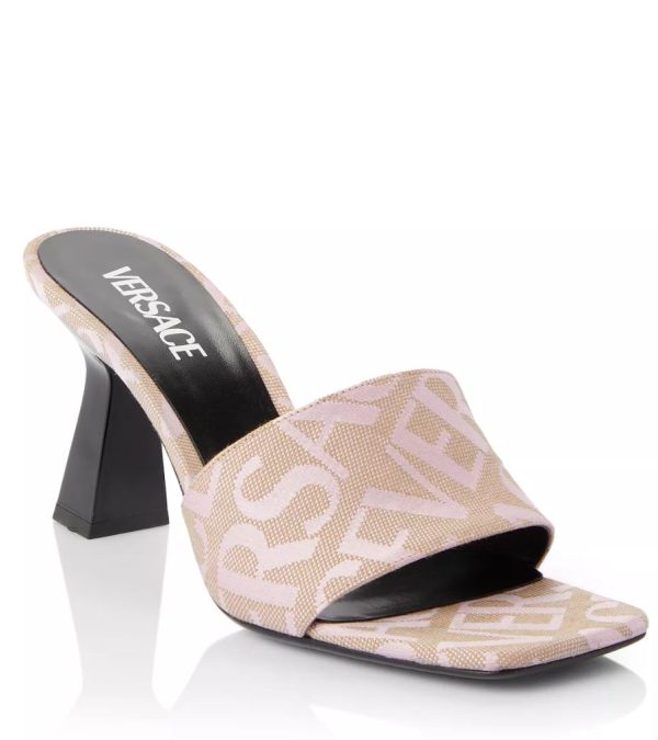 Versace Logo Flare Heel Mule Sandals